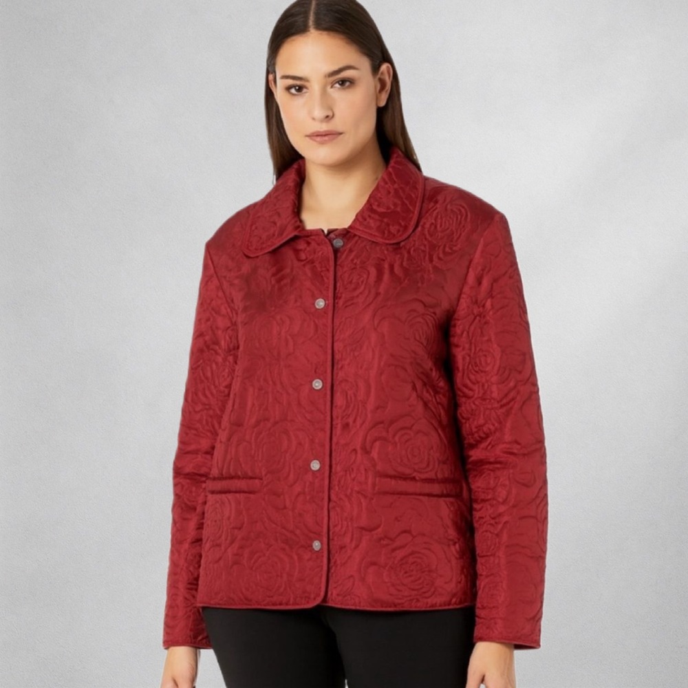 JG Hook Women’s Red Quilted Floral Jacket L Button Front Outdoor Lightweight